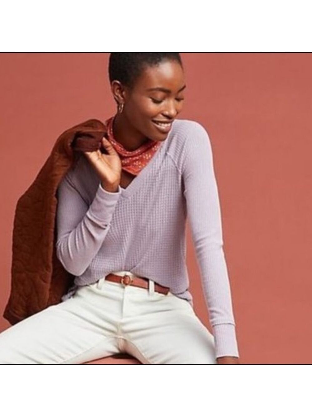 MAEVE Lilac “Pearson” Waffle Knit V-Neck Thermal